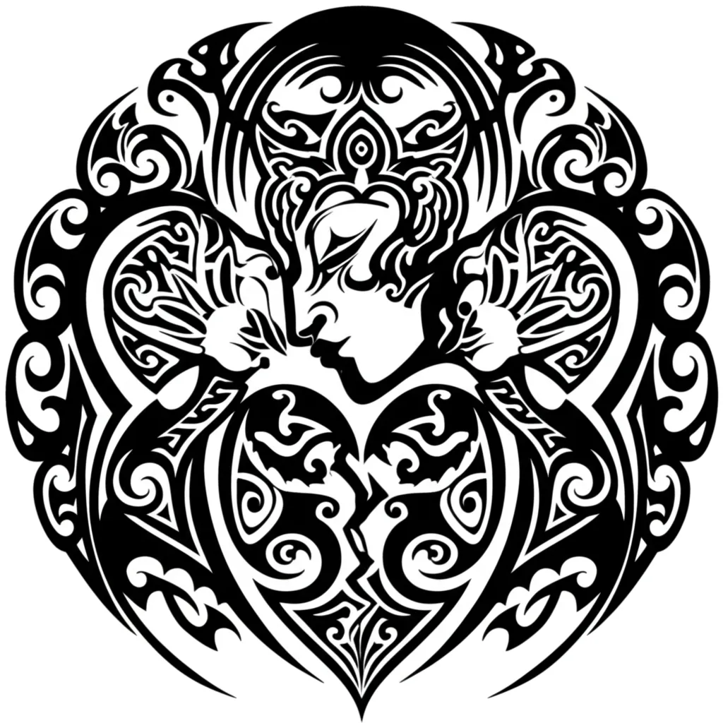 Tribal Tattoo of a Woman Kissing a Broken Heart