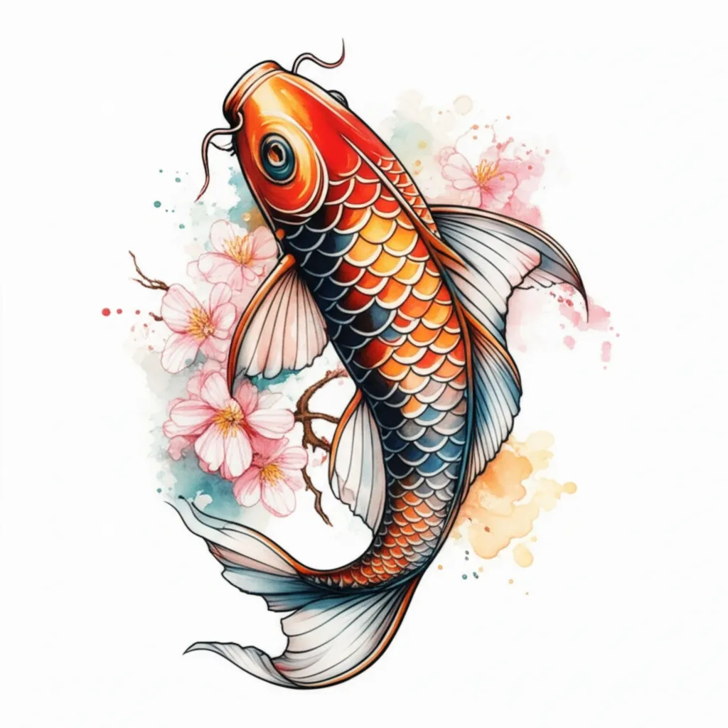 Watercolor Japanese Koi Fish with Cherry Blossom Tattoo Design Watercolor Japanese Koi Fish with Cherry Blossom Tattoo Design