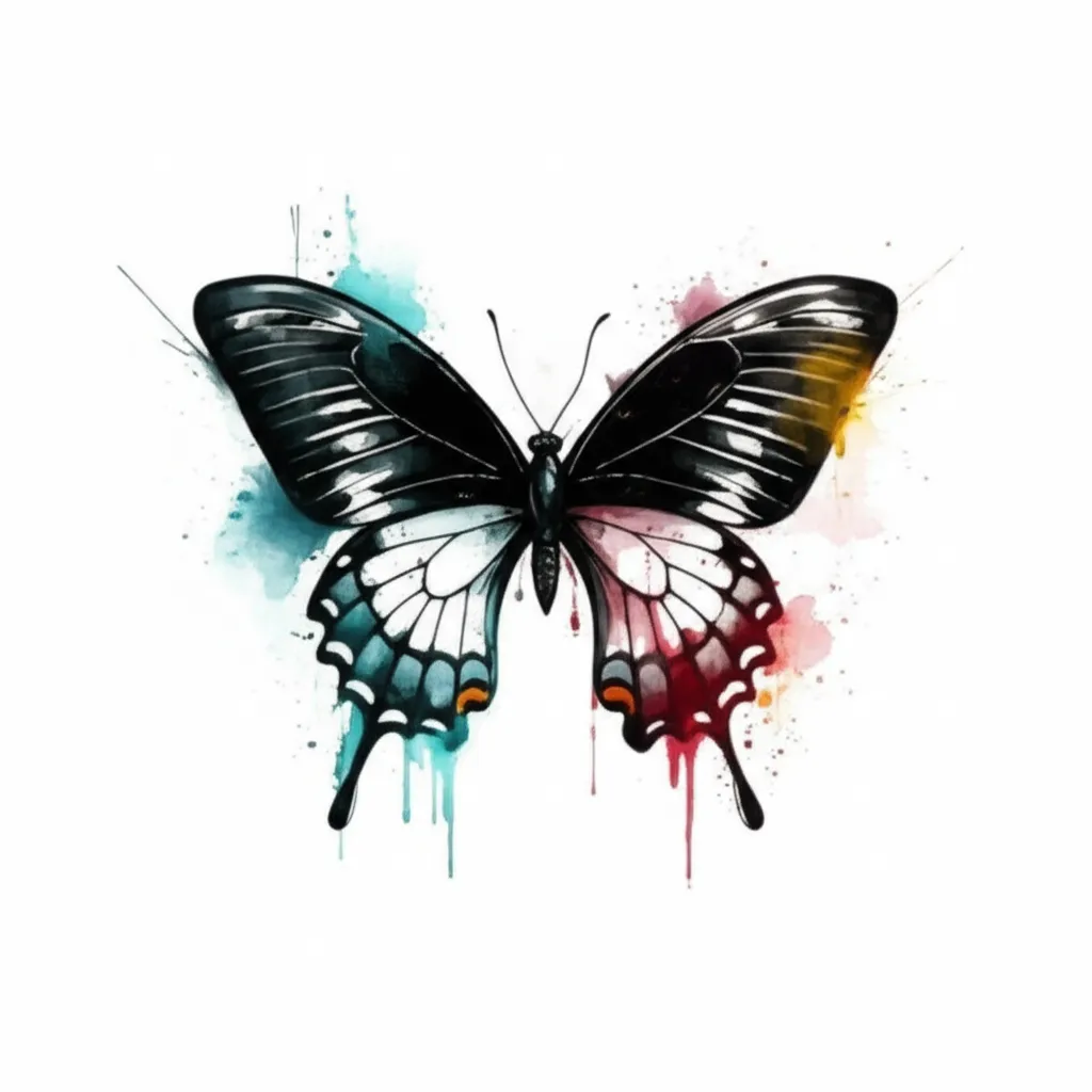 Watercolor Black Butterfly Tattoo with Name and Date