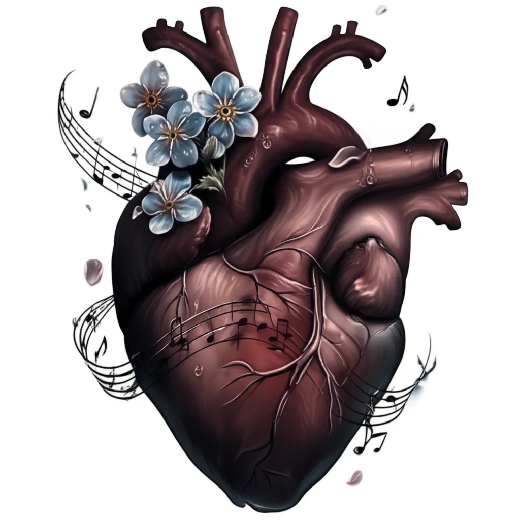 Realistic Heart Tattoo with Flowers, Music Notes, and Infinity Symbol Realistic Heart Tattoo with Flowers, Music Notes, and Infinity Symbol