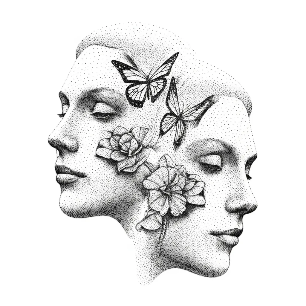 Dotwork Tattoo: Two Faces with Flowers and Butterflies