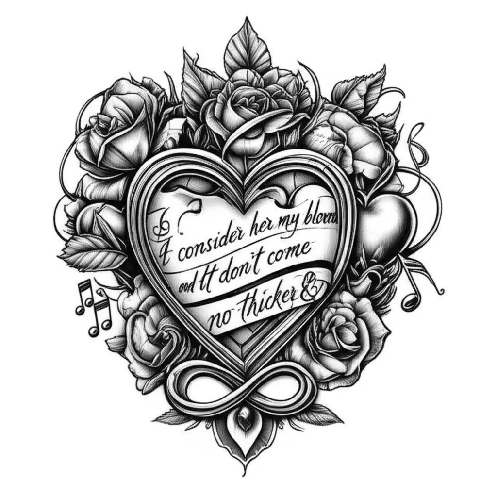 Illustrative Tattoo Design with Hearts, Flowers, Music Notes, Infinity Symbol, and Meaningful Quote Illustrative Tattoo Design with Hearts, Flowers, Music Notes, Infinity Symbol, and Meaningful Quote