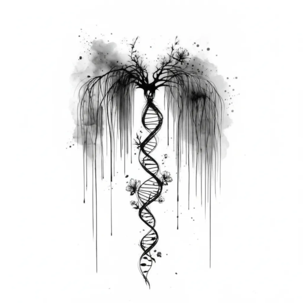 Black Ink Willow Tree Spine Tattoo with DNA Roots and Flowers