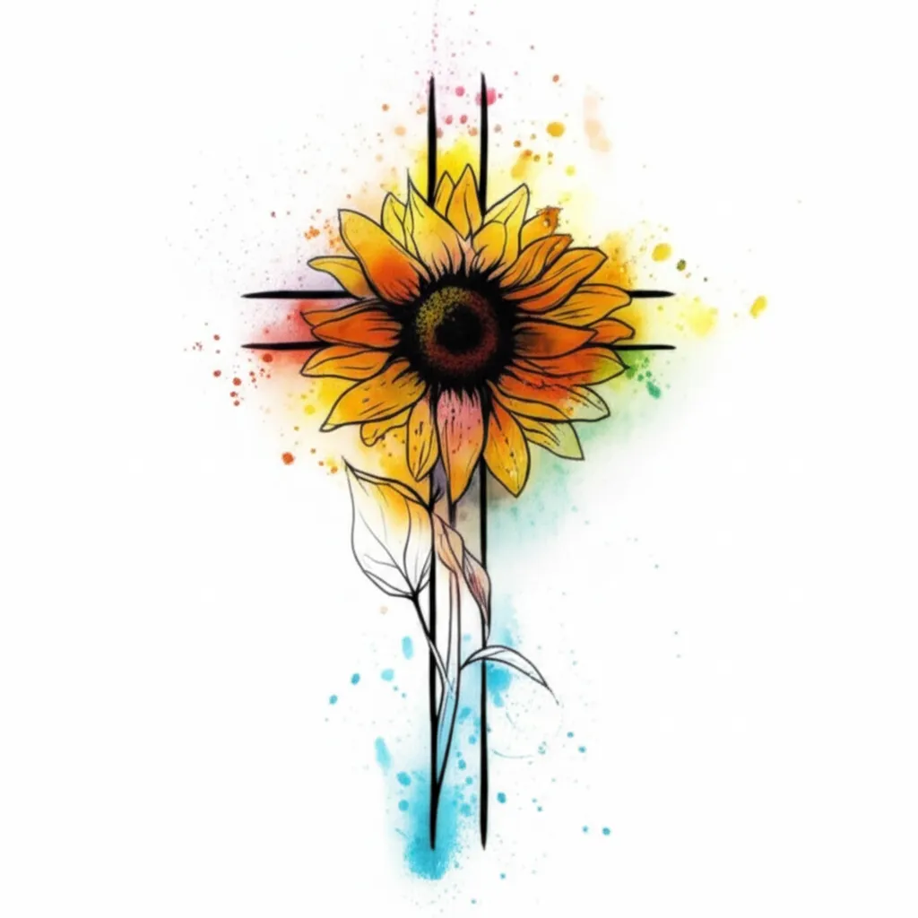 Sunflower Cross Watercolor Tattoo Design Sunflower Cross Watercolor Tattoo Design