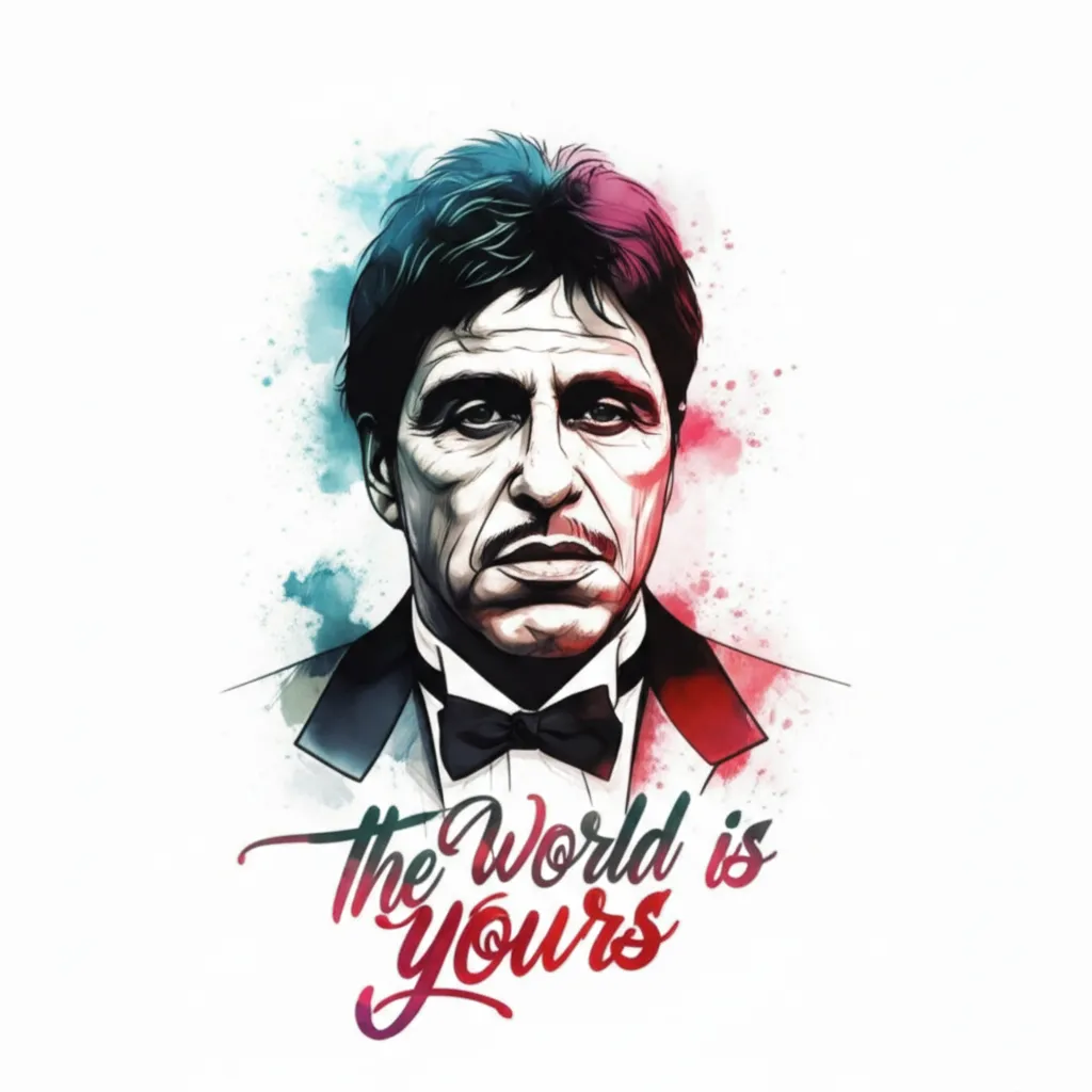 Scarface Tattoo with Louisiana Symbol and 'The World Is Yours' in Watercolor Style