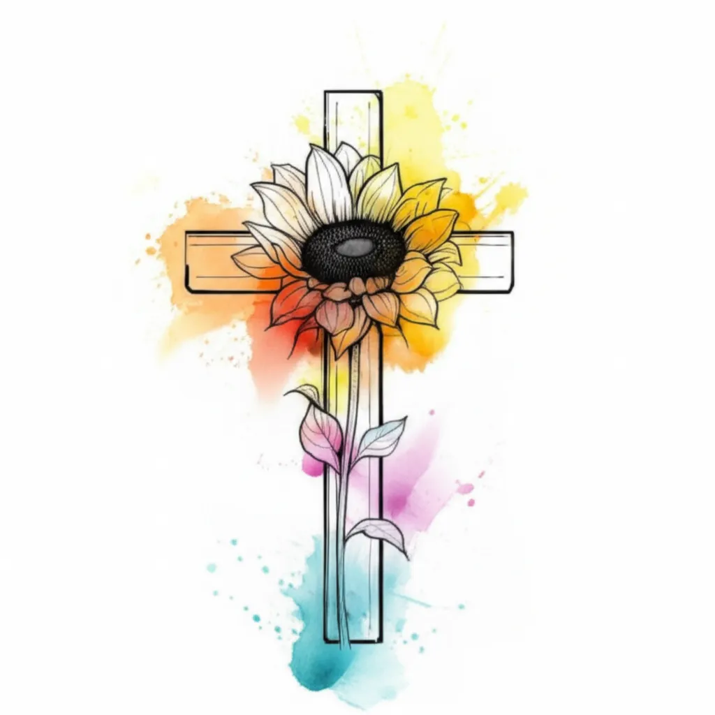 Watercolor Cross with Sunflower Tattoo Design Watercolor Cross with Sunflower Tattoo Design