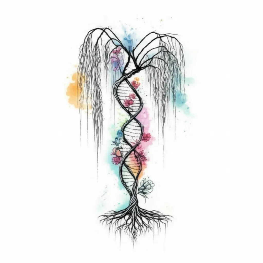 Watercolor Willow Tree DNA Spine Tattoo in Black Ink