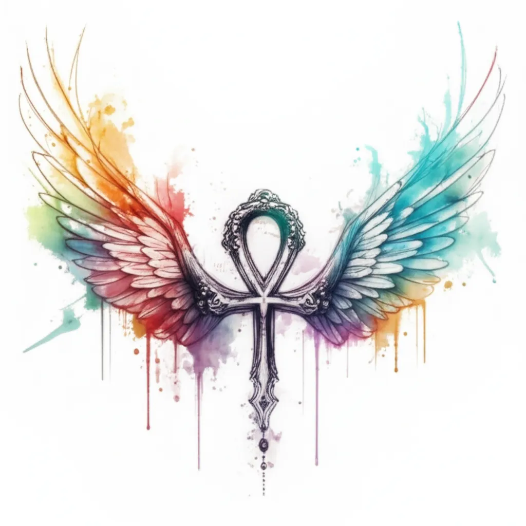 Watercolor Chest Tattoo: Wings and Ankh Design
