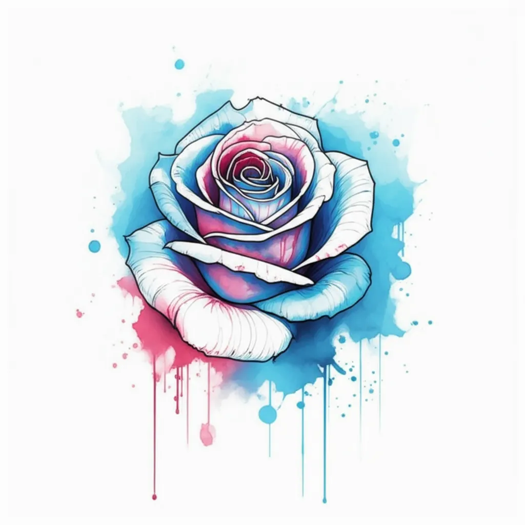 Watercolor Rose Tattoo with Neon Blue Bleeding Effect