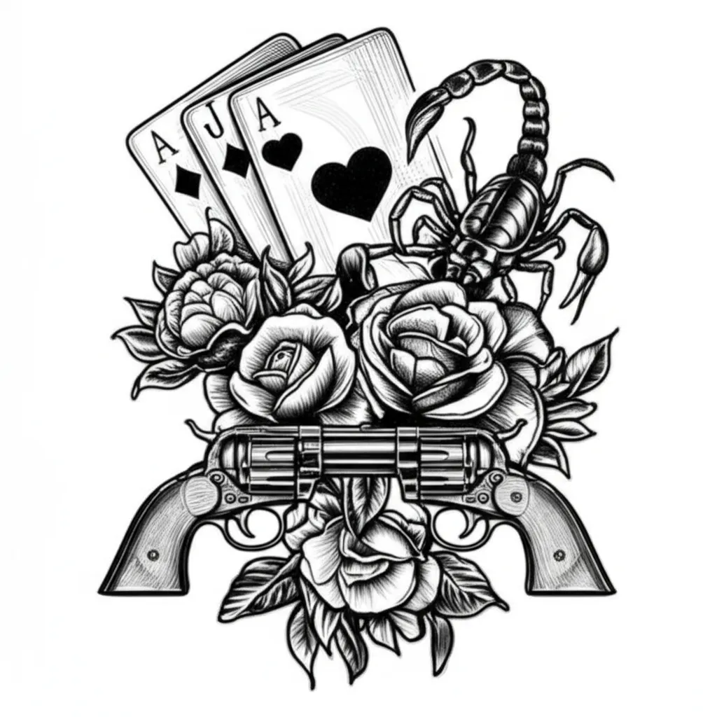 Old Western Tattoo with Flowers, Cards, Revolvers, and Scorpion