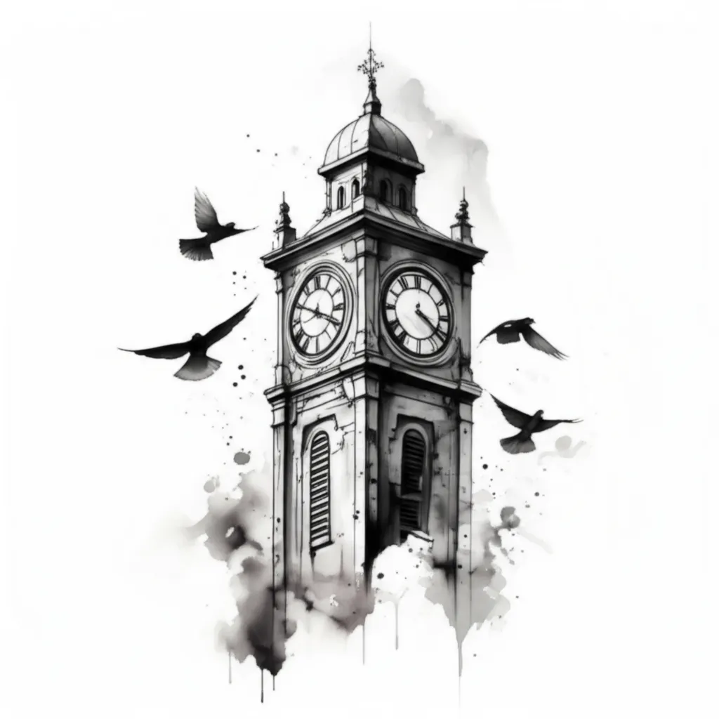 Watercolor Clock Tower Tattoo with Birds in Black and White