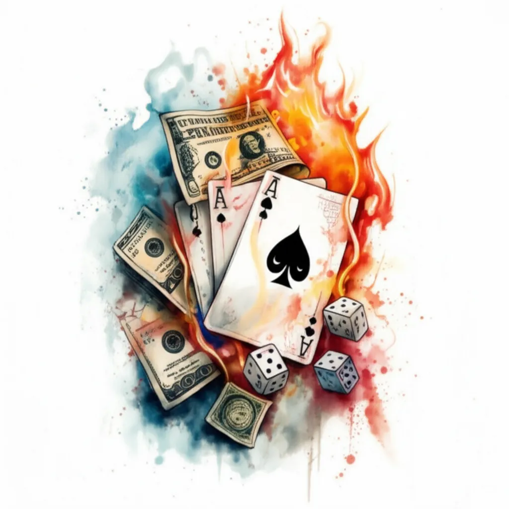 Watercolor Quarter Sleeve Tattoo: Cards on Fire, Money, and Dice Design