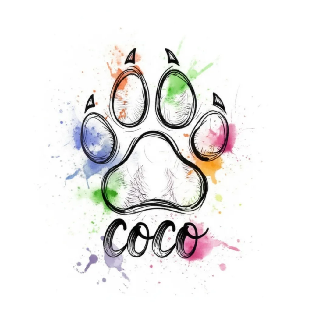 Watercolor Dog Paw Tattoo with Name Coco Integrated
