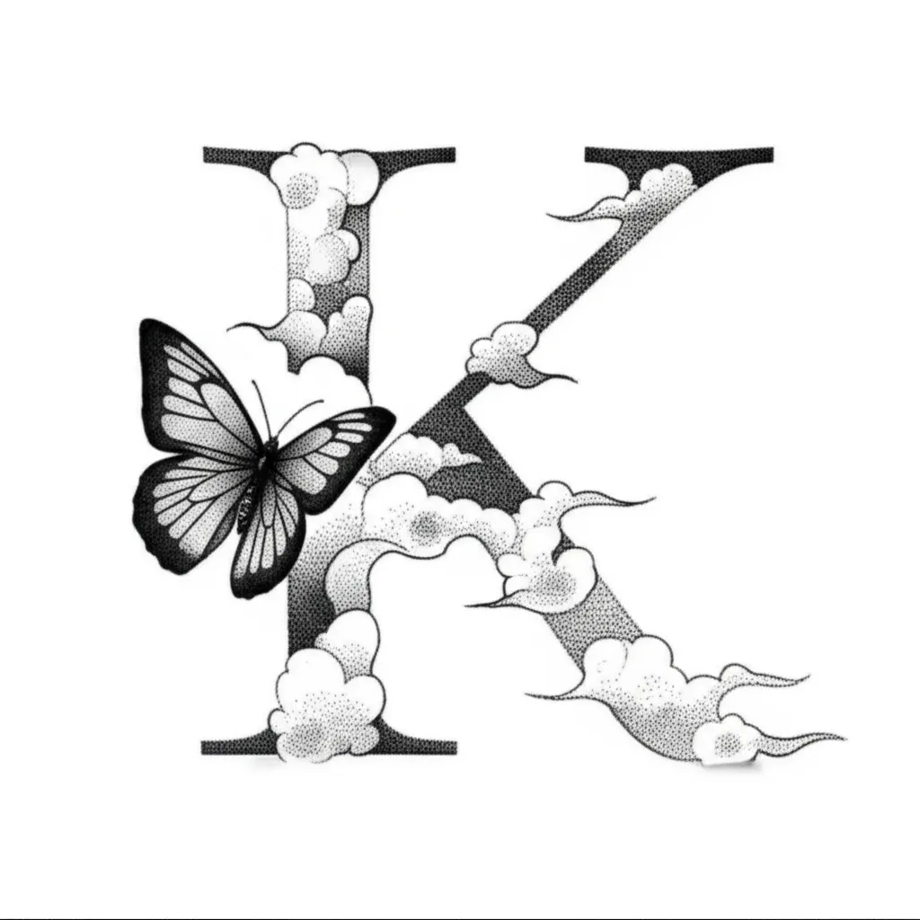 Letter K Butterfly and Clouds Fine Line Tattoo Design