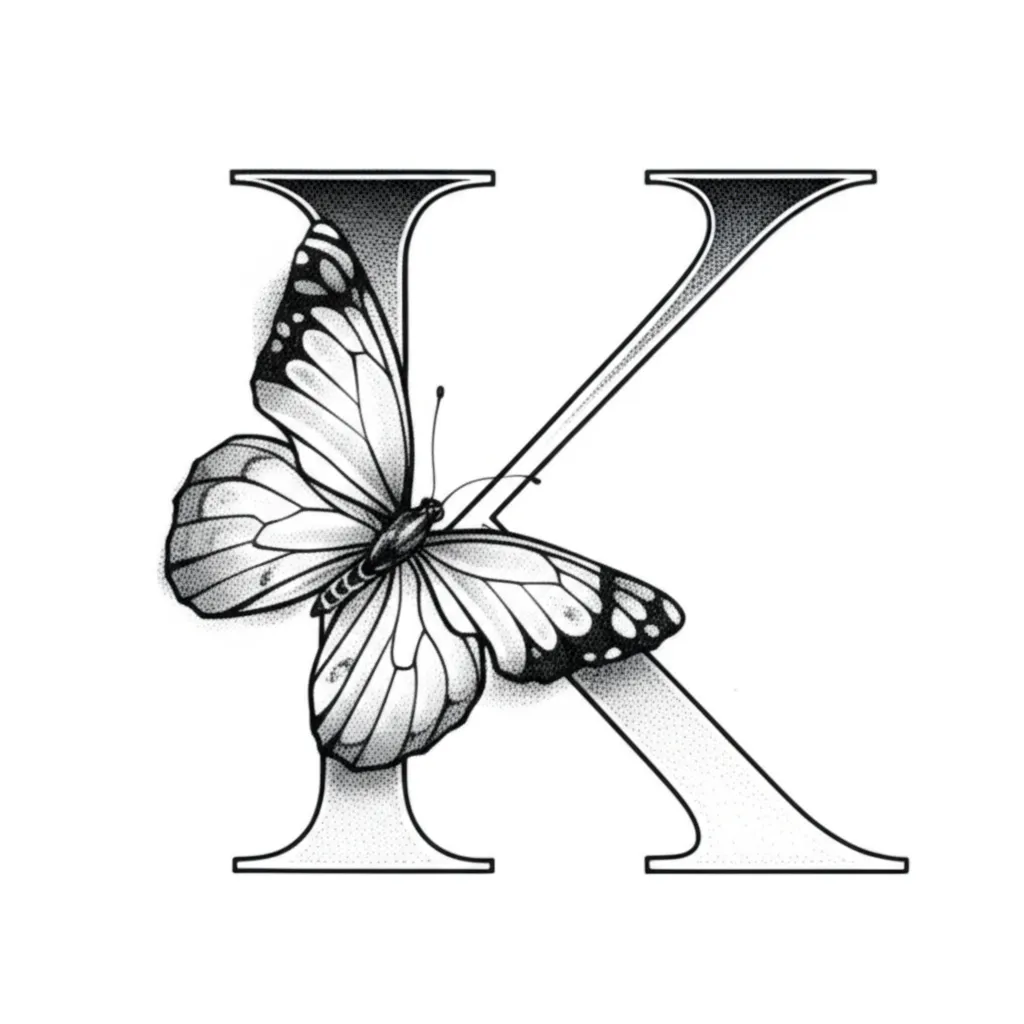 Letter K Butterfly Tattoo - Fine Line Grey & Black Design