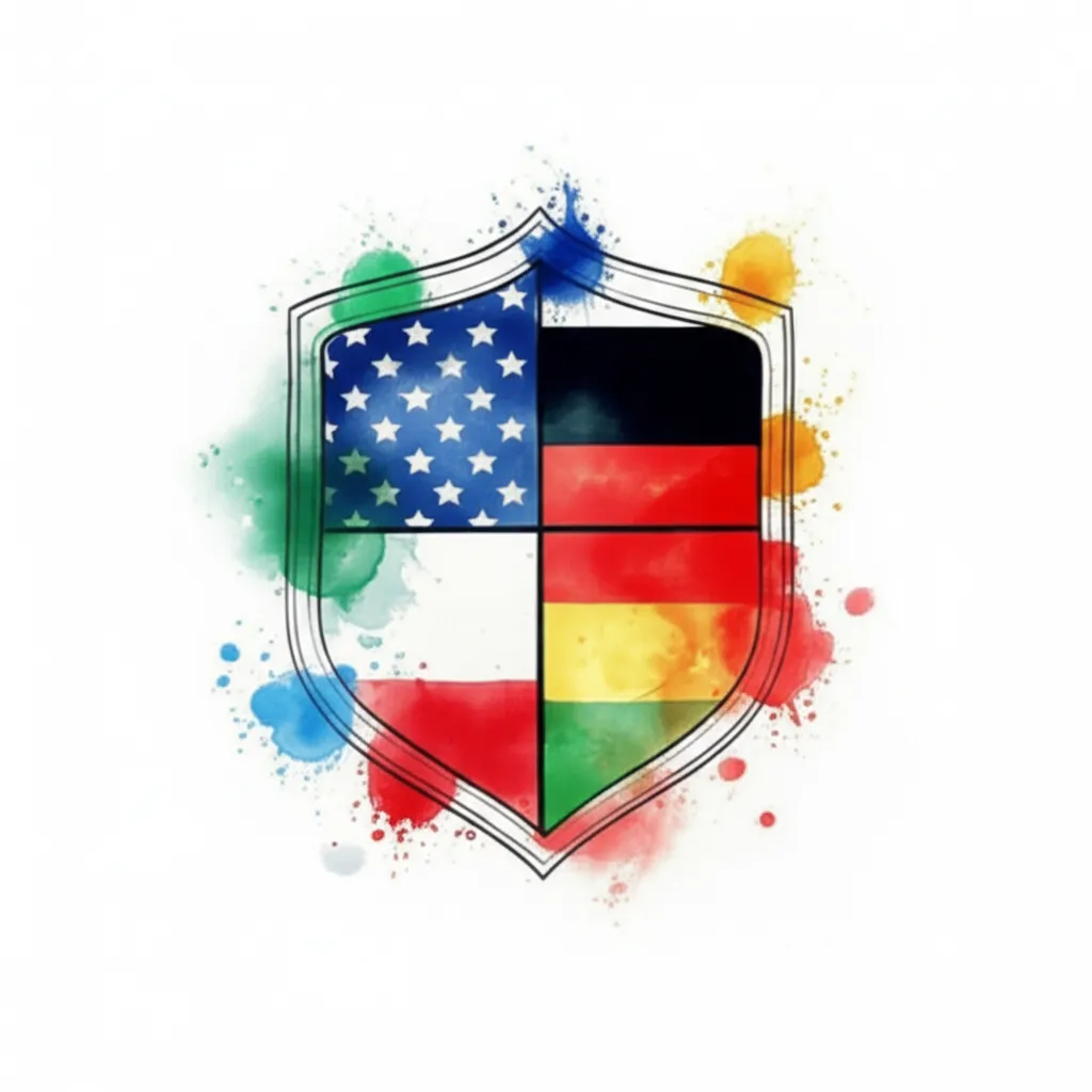 Watercolor Shield Tattoo with American, Italian, Hungarian, and German Flags Watercolor Shield Tattoo with American, Italian, Hungarian, and German Flags