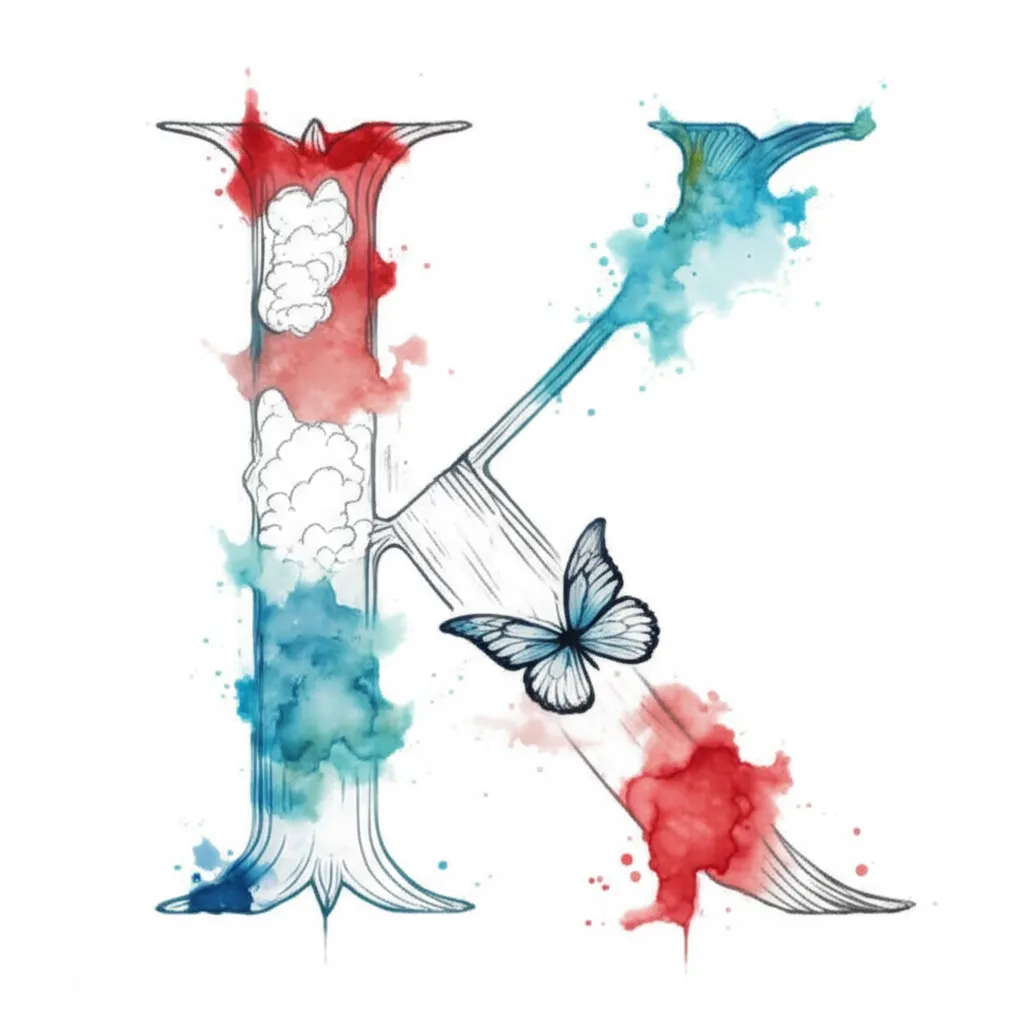 Watercolor Letter K Tattoo with Butterfly and Clouds