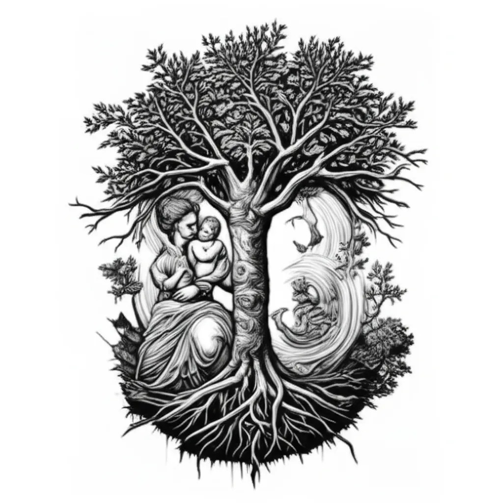 Illustrative Tattoo of Woman and Child with Tree of Life Design