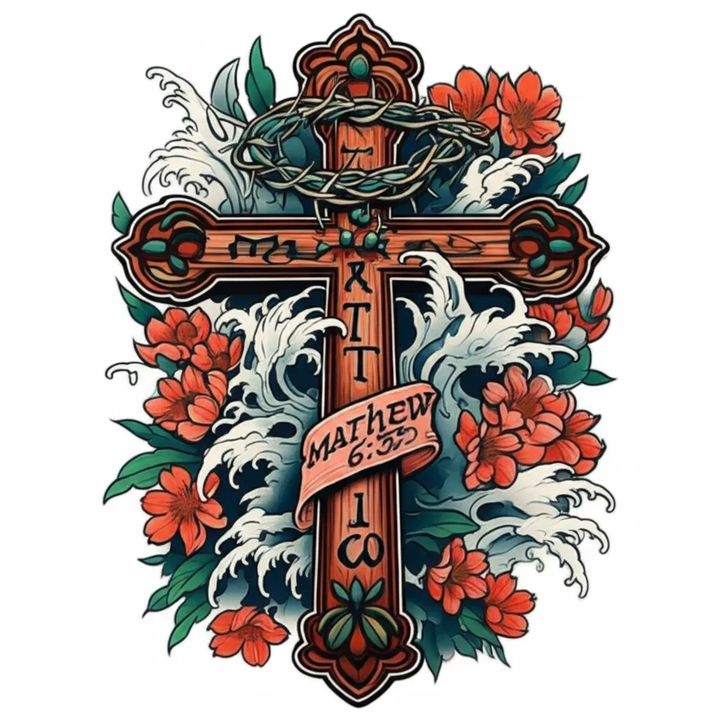 Japanese Traditional Cross Tattoo with Mathew 6:33 and Thorn Crown Design