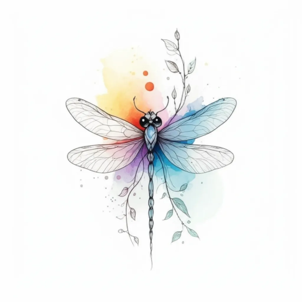 Dainty Cute Dragonfly Tattoo with Small Vines in Watercolor Style