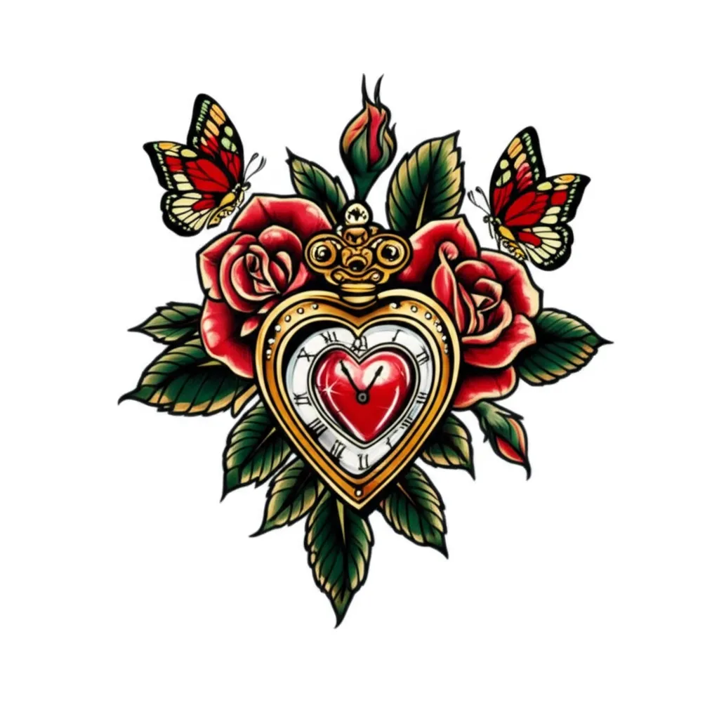 Neo Traditional Roses, Heart Clock, and Butterflies Tattoo Design Neo Traditional Roses, Heart Clock, and Butterflies Tattoo Design