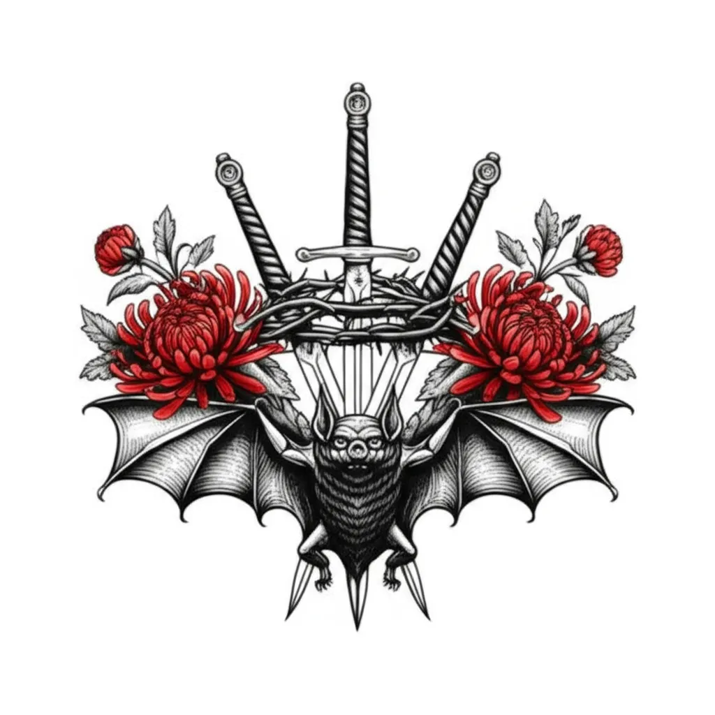 Gothic Bat Tattoo with Chrysanthemums, Swords, and Crown of Thorns Gothic Bat Tattoo with Chrysanthemums, Swords, and Crown of Thorns