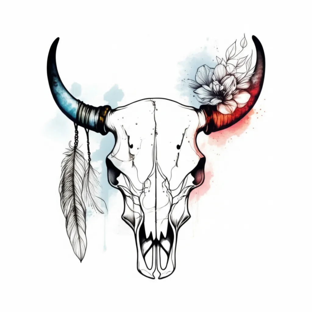 Fine Line Bull Skull Tattoo with Feather and December Flower Fine Line Bull Skull Tattoo with Feather and December Flower