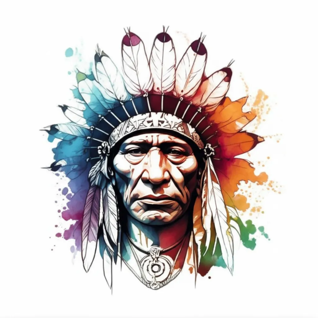 Watercolor Native American Chief Tattoo Design