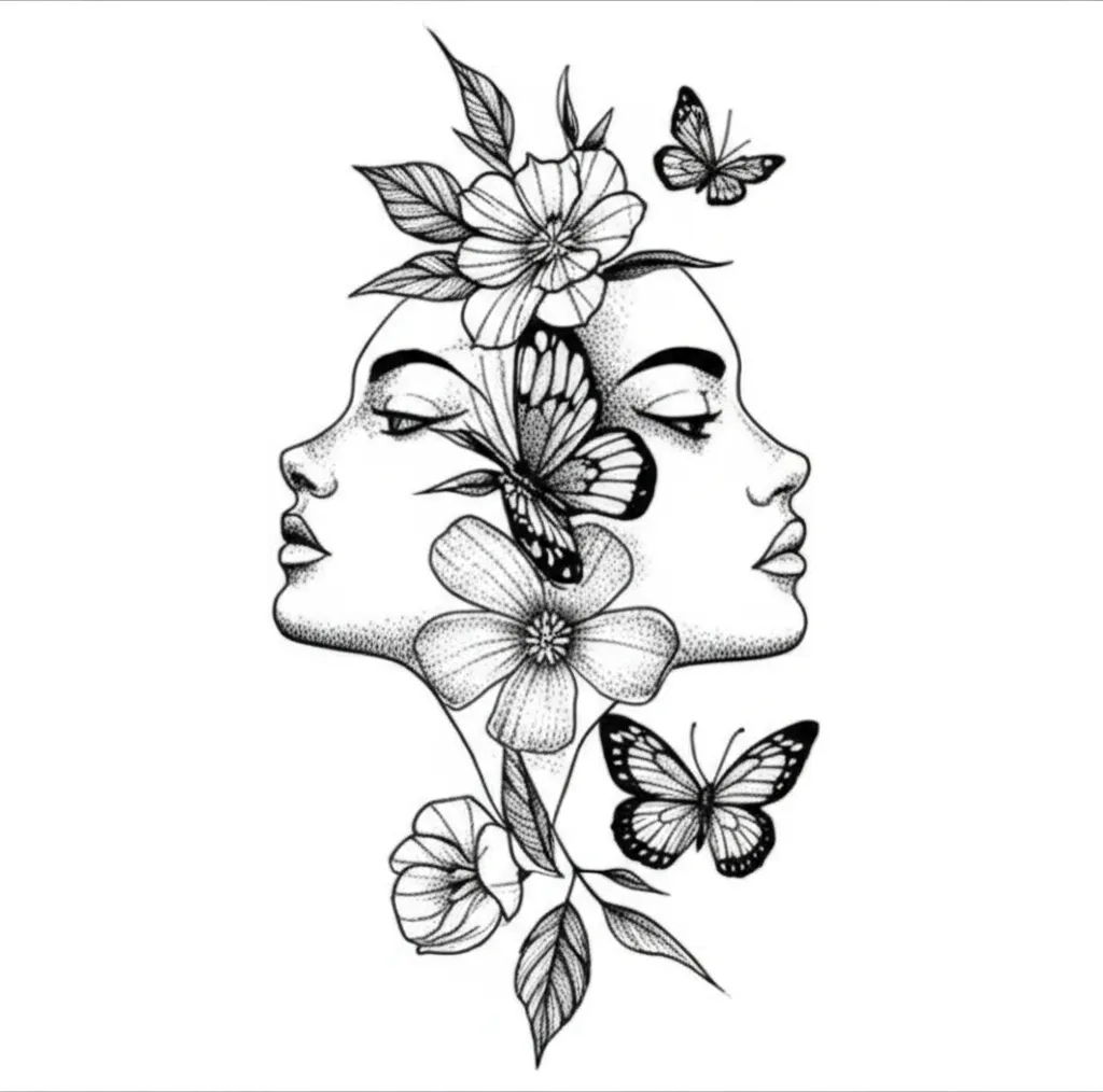 Two Faces with Flowers and Butterflies Fine Line Tattoo