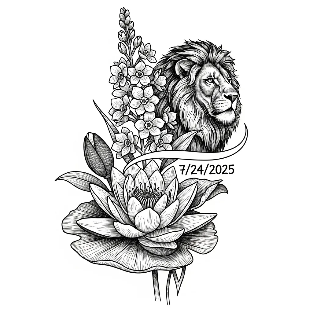 Illustrative Lion and Floral Tattoo with Water Lily and Larkspur