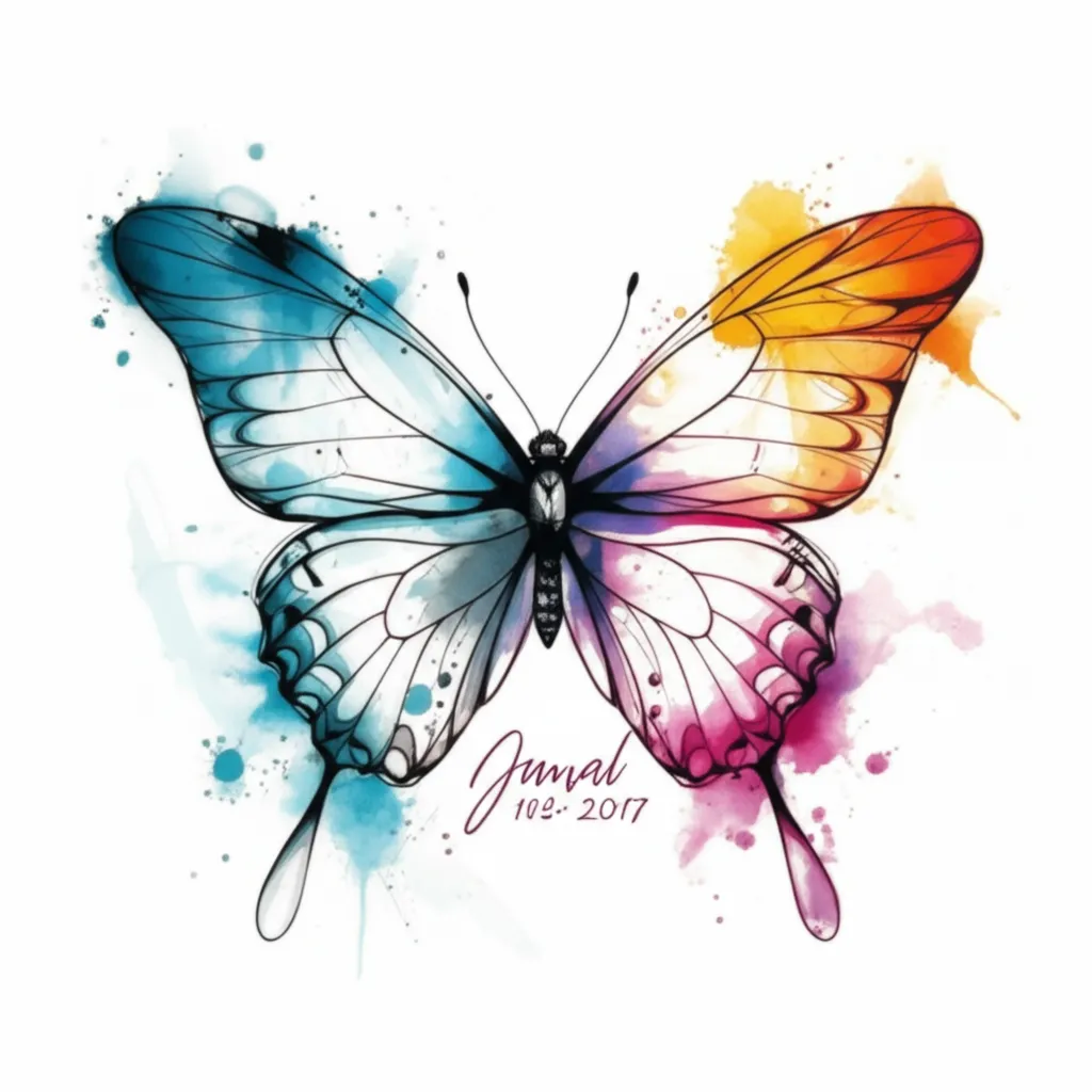 Watercolor Butterfly Tattoo with Name and Date - Memorial Tattoo
