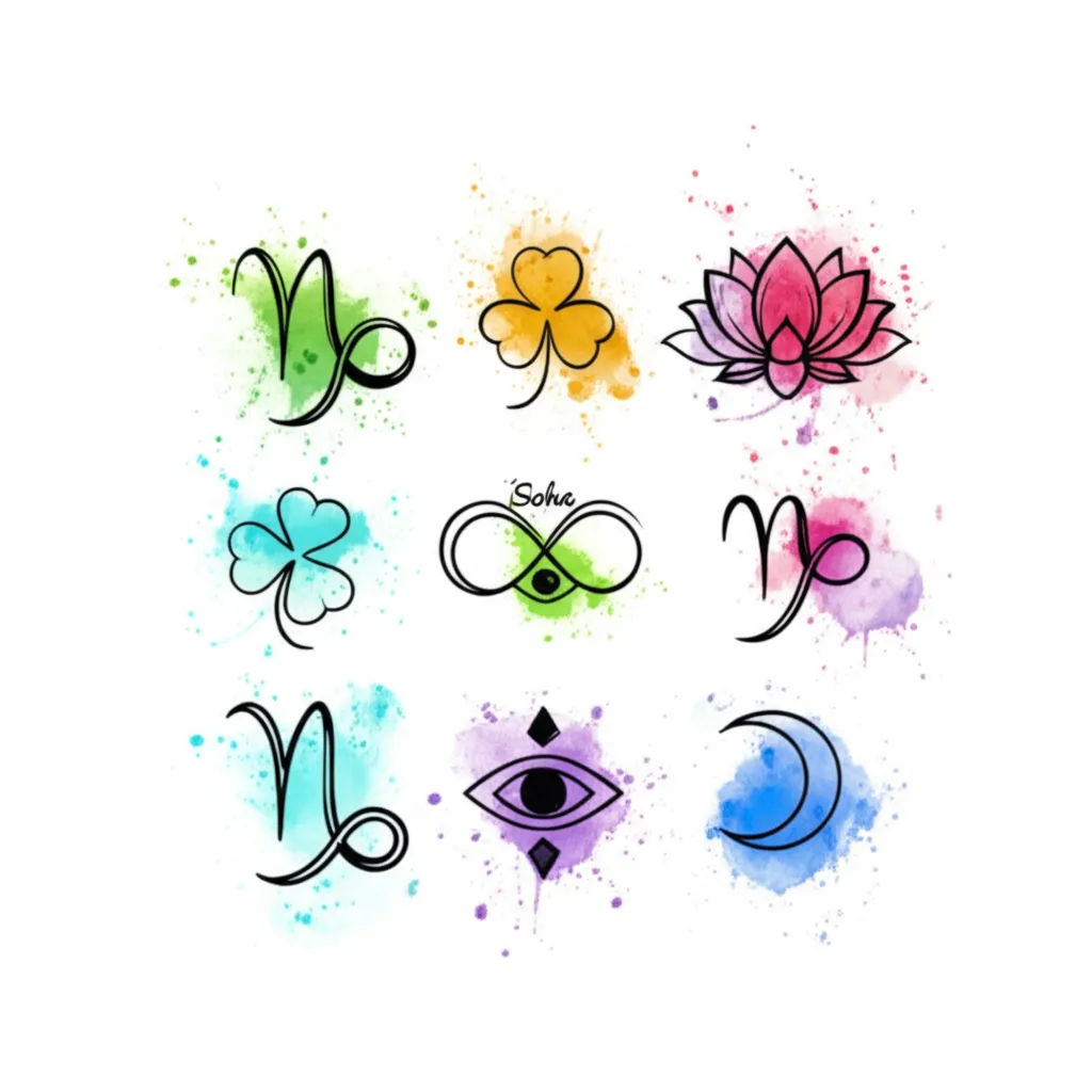 Watercolor Symbols Tattoo: Capricorn, Clover, Lotus, Third Eye, Infinity, Moon, Diamond & 'Soha'