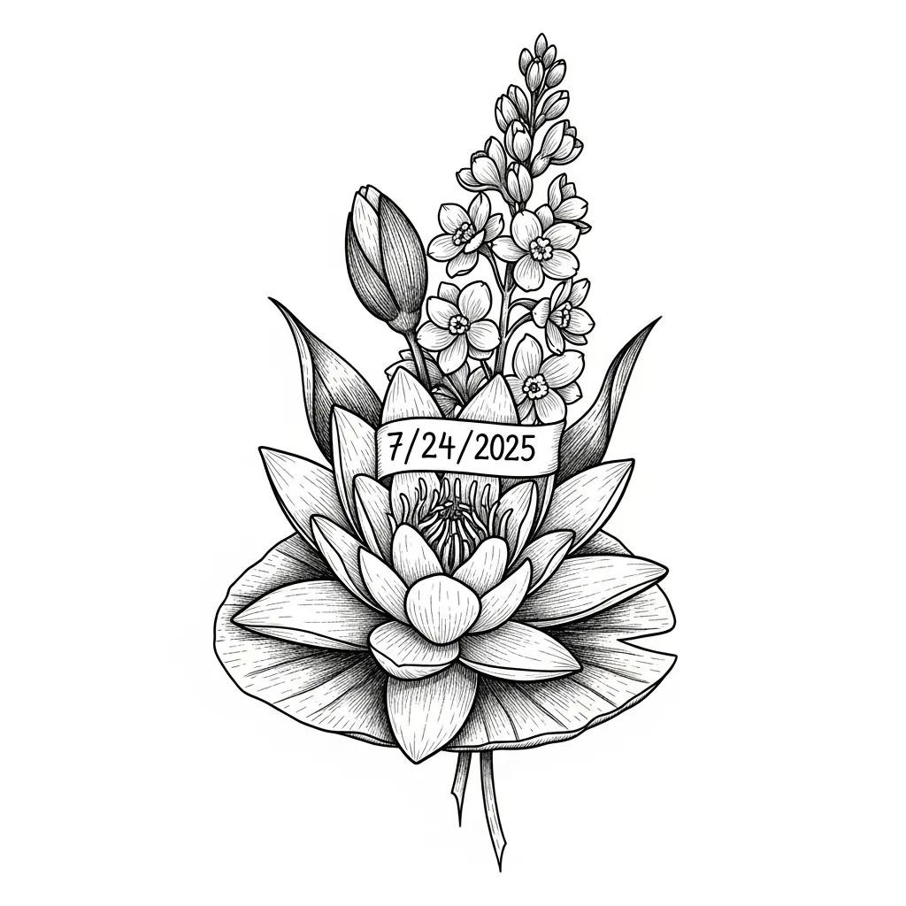 Elegant Illustrative Water Lily and Larkspur Tattoo with Date 7/24/2025