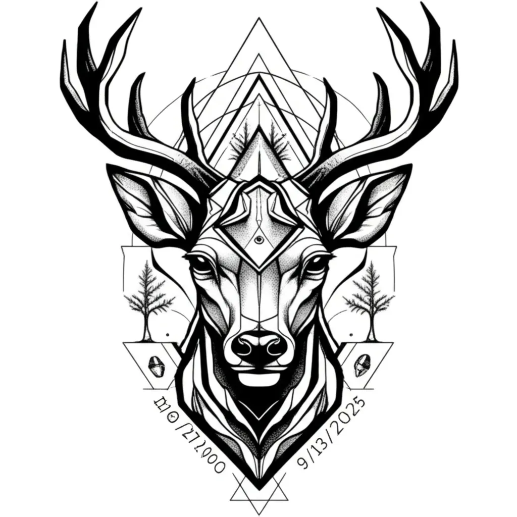 Geometric Deer Head Tattoo with Memorial Dates Geometric Deer Head Tattoo with Memorial Dates