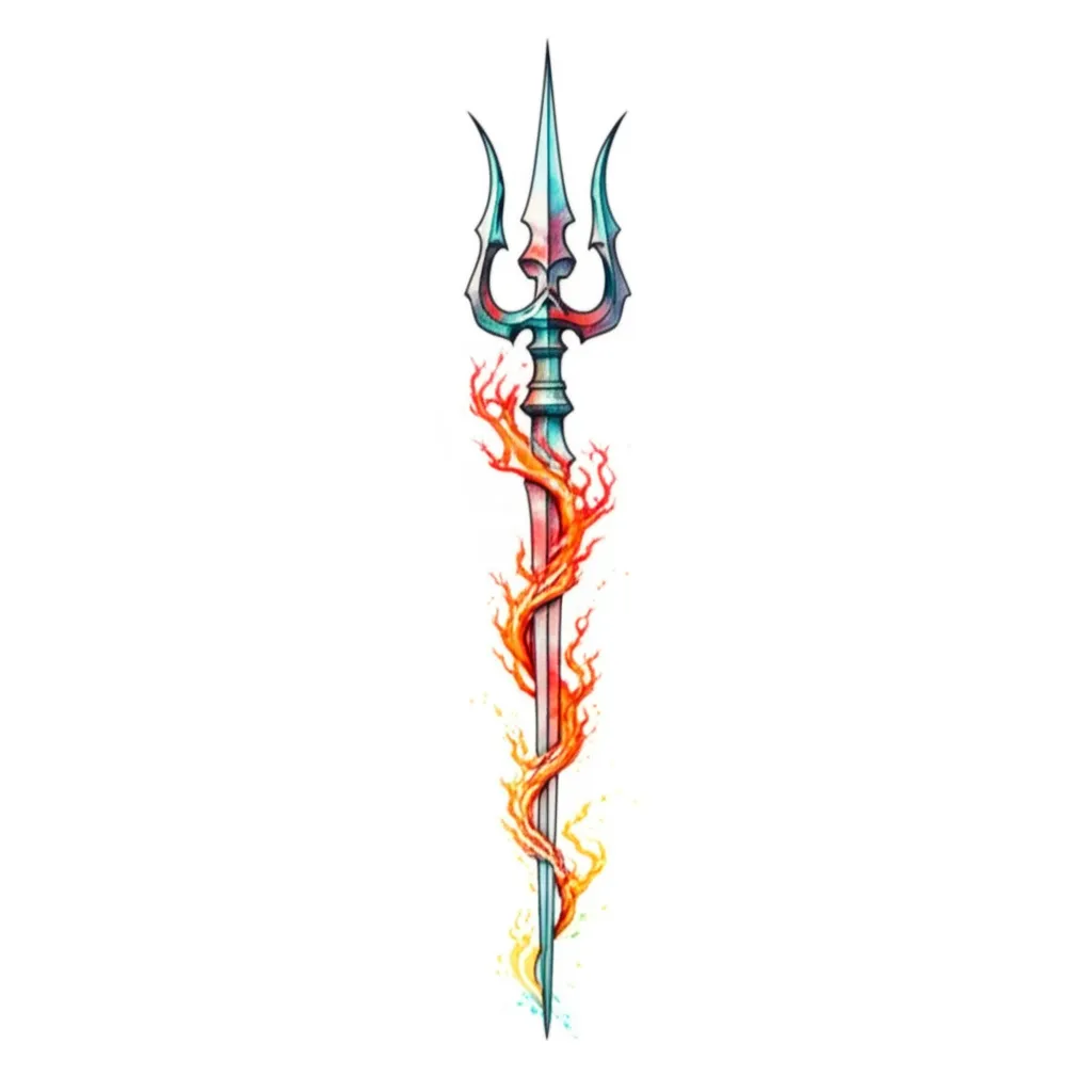 Trident Dagger Tattoo with Flames - Watercolor Style Trident Dagger Tattoo with Flames - Watercolor Style