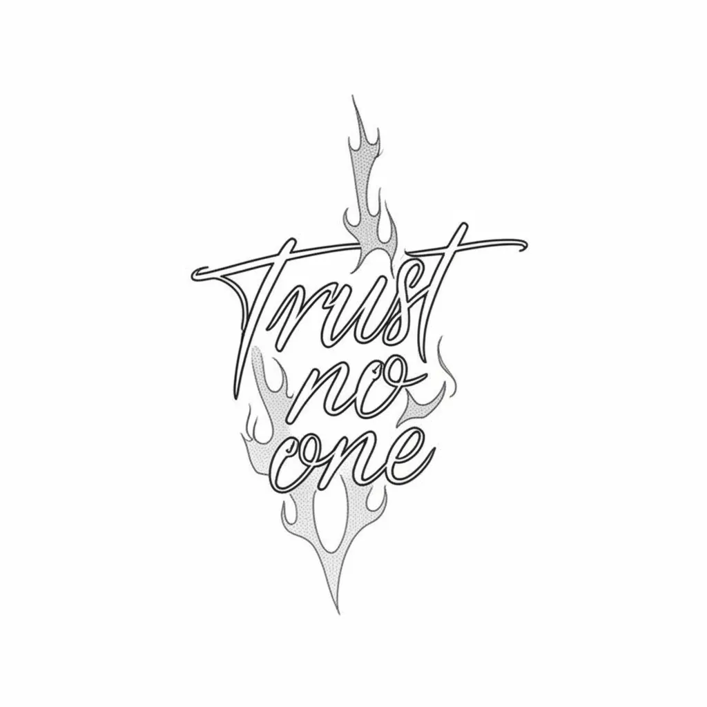 Trust No One Fine Line Tattoo with Flames - Meaning & Ideas