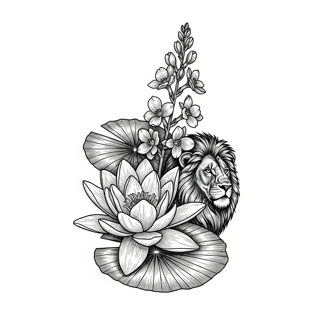 Illustrative Lion with Water Lily and Larkspur Tattoo Design