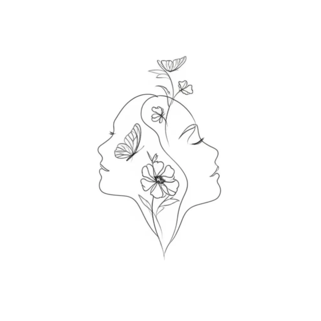 Minimalist Two Faces with Flowers and Butterfly Tattoo Design Minimalist Two Faces with Flowers and Butterfly Tattoo Design