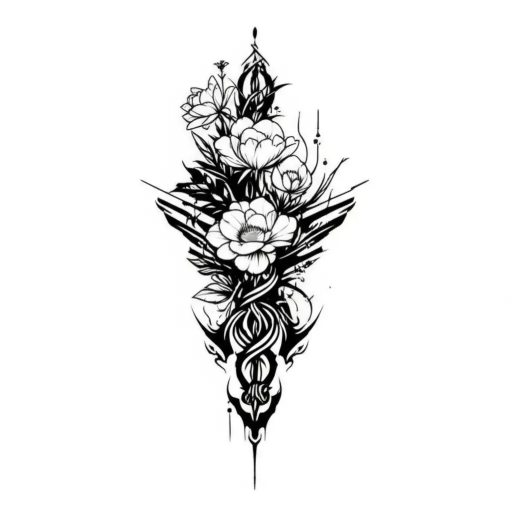 Cyber Sigilism Barbed Wire Spine Tattoo with Flowers