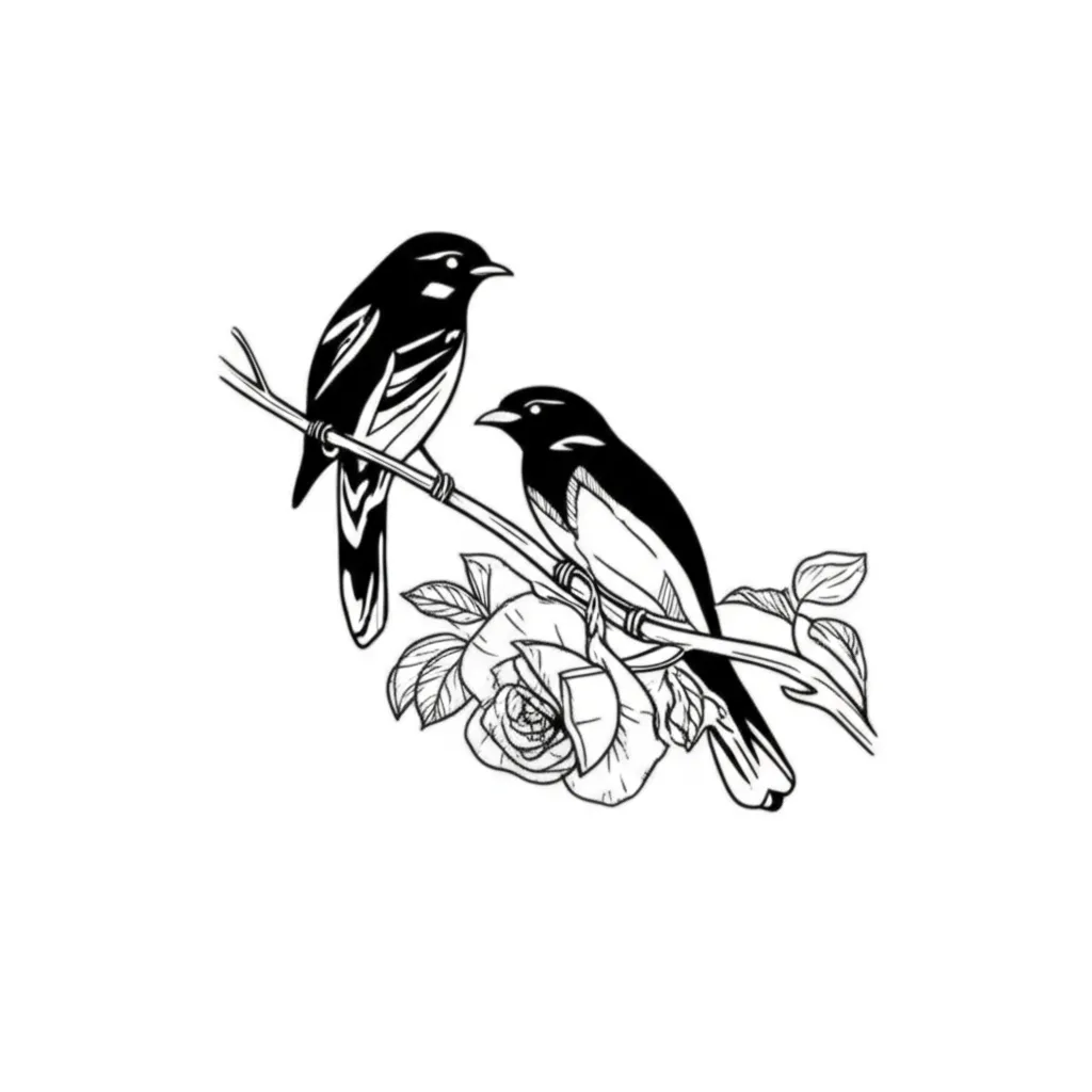 Minimalist Two Black Birds with Rose and Daisy on Branch Tattoo Minimalist Two Black Birds with Rose and Daisy on Branch Tattoo