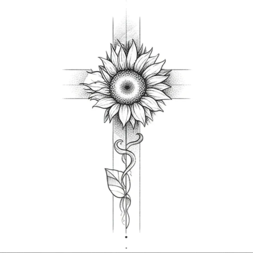 Fine Line Cross with Sunflower Tattoo Design Fine Line Cross with Sunflower Tattoo Design