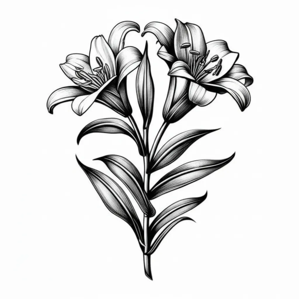 Illustrative Lily and Leaves Tattoo Design Illustrative Lily and Leaves Tattoo Design