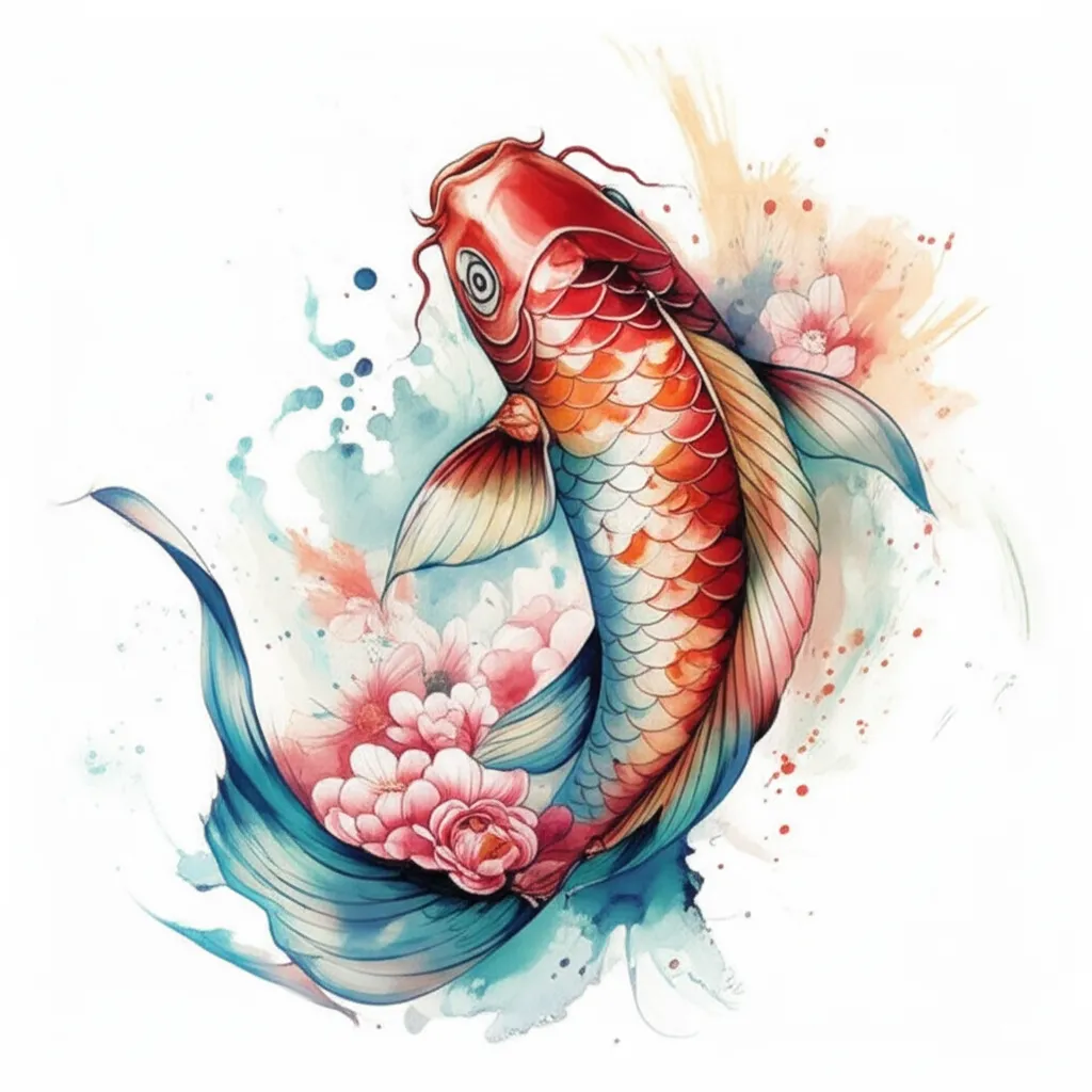 Watercolor Koi Fish Tattoo with Cherry Blossoms - Japanese Art Watercolor Koi Fish Tattoo with Cherry Blossoms - Japanese Art