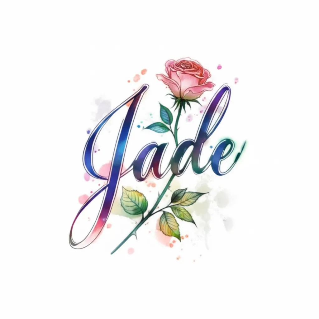 Watercolor 'Jade' Name Tattoo with Rose Design