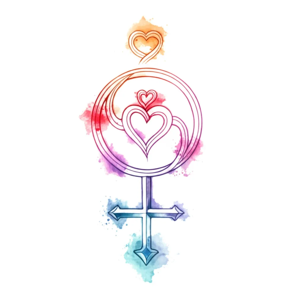 Watercolor Goddess Symbol with Hearts Tattoo Idea