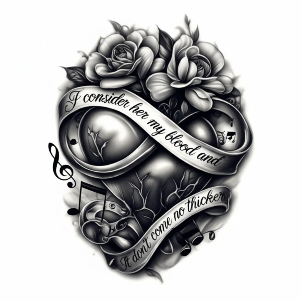 Realism Tattoo: Hearts, Flowers, Music Notes, Infinity & Sisterhood