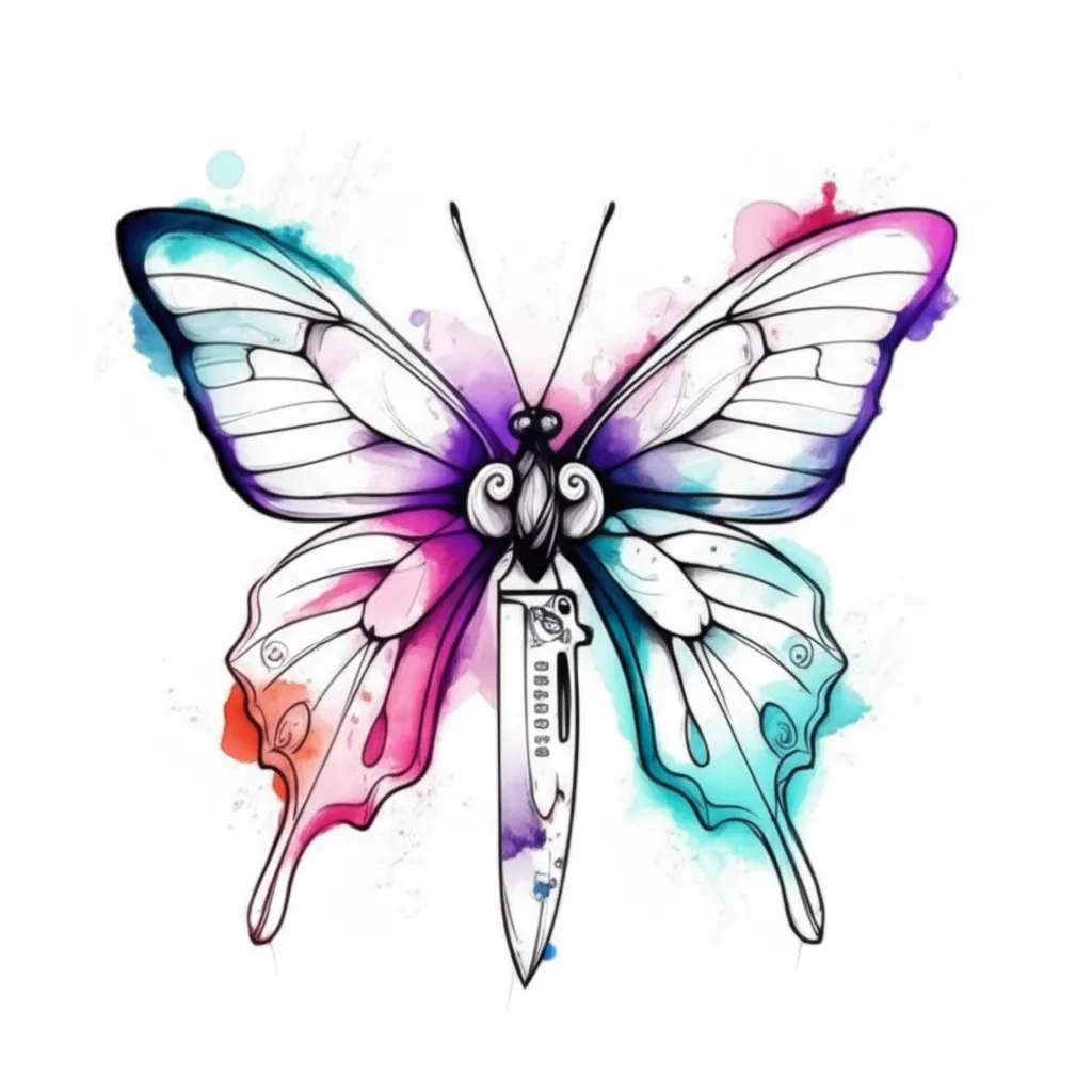 Watercolor Butterfly Knife Tattoo Design