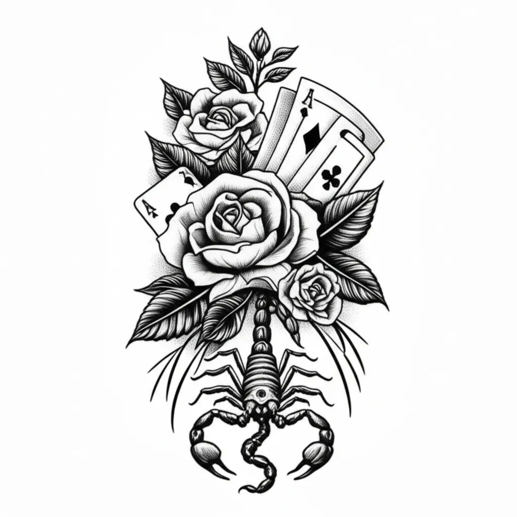 Western Illustrative Tattoo with Scorpion, Flowers, and Cards