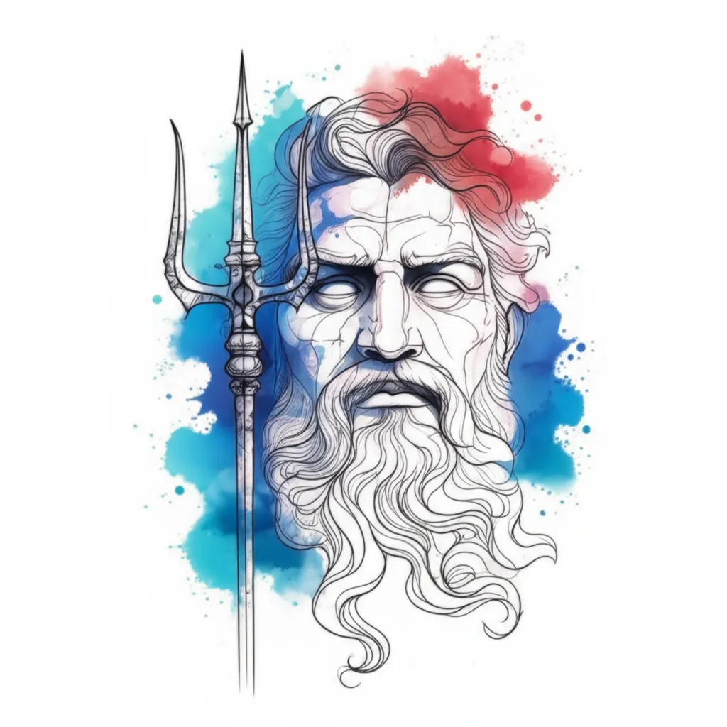 Watercolor Poseidon Tattoo with Trident Through Eye