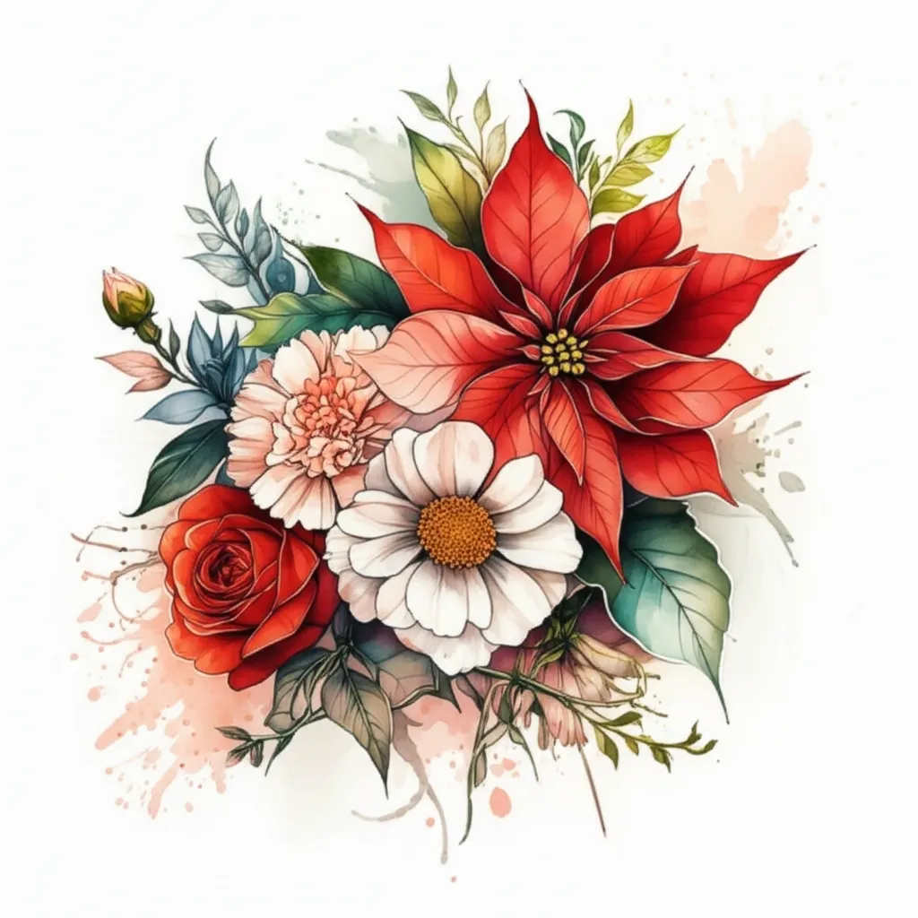 Watercolor Floral Tattoo Design: Poinsettia, Roses, Carnations & Daisies Watercolor Floral Tattoo Design: Poinsettia, Roses, Carnations & Daisies